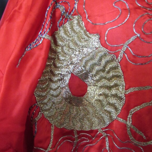 Exotic Kimono Style Robe Cherry Red Gold Blue Metallic Accents - Picture 11 of 16